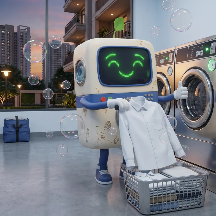 Tumbly holding a freshly washed shirt beside a row of commercial machines