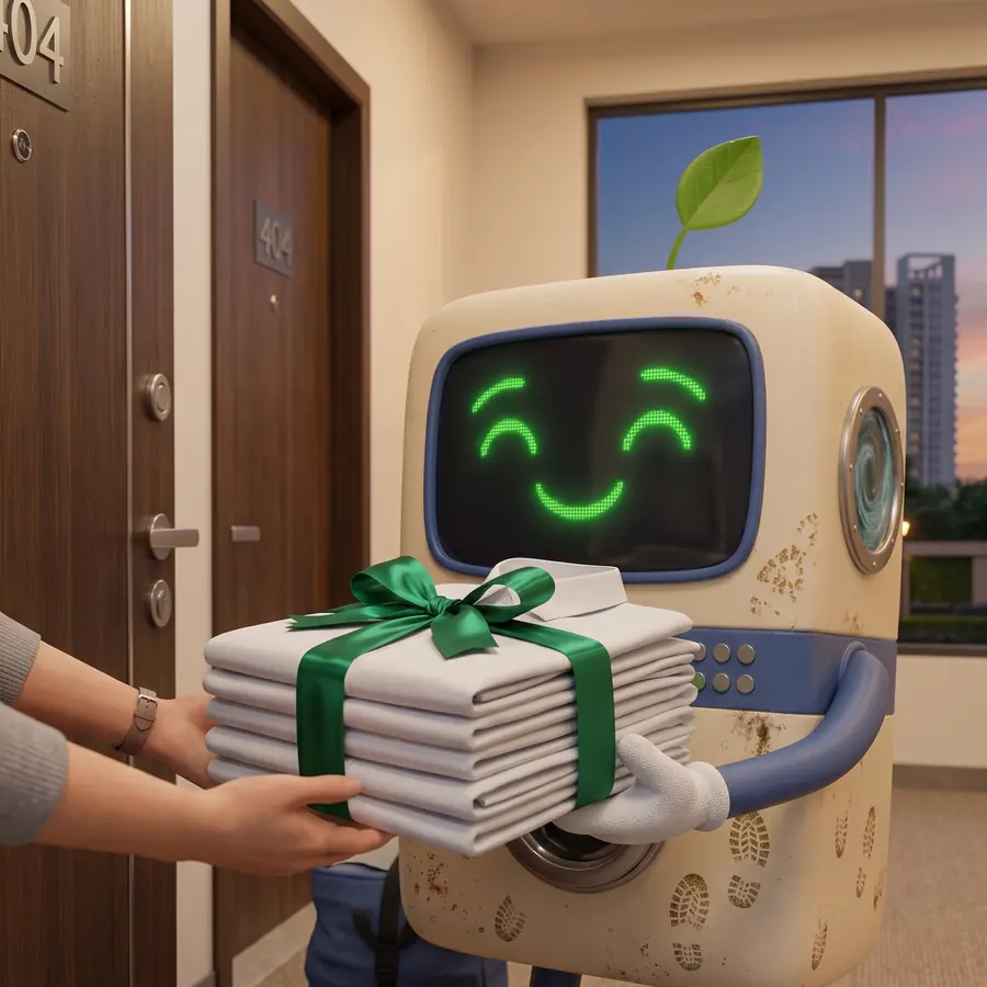 Tumbly handing a ribbon-tied stack of pressed shirts to a customer at their door