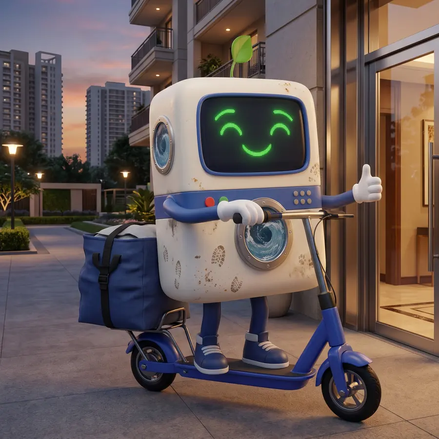 Tumbly, the Tumble Days mascot, arriving on a scooter with a laundry bag